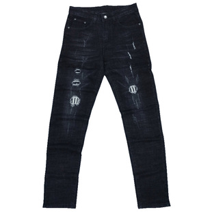 深色牛仔裤男弹性冬季破洞韩版潮小脚修身酷帅气个性破烂男士裤子