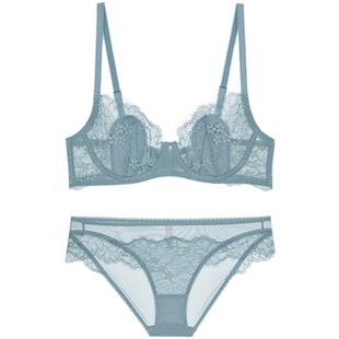 超薄款性感文胸蕾丝薄棉大胸显小内衣套装女士大码D杯C杯E杯蓝色
