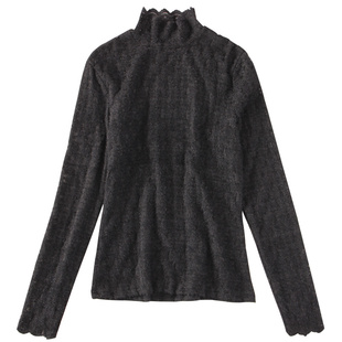 高领磨毛内搭加绒蕾丝打底衫女秋冬季新款高端洋气白色网纱上衣女