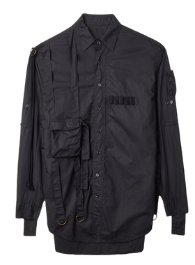 GAOSTUDIOS黑色束带装饰口袋褶皱衬衫男小众设计师可调节造型衬衣