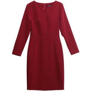 映想社交女装秋冬季连衣裙酒红色年会礼服女长袖小红裙