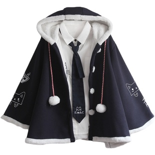 可爱男女另类JK冬装加绒毛呢外套凶凶小猫印花球球喇叭袖软妹斗篷