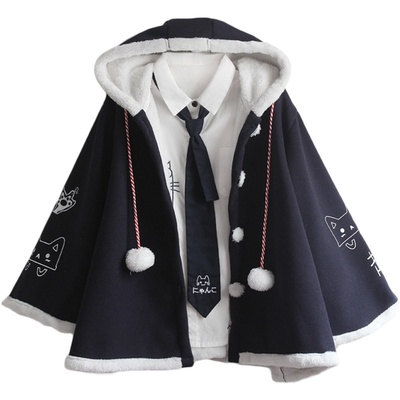 男女同款猫印花球球斗篷毛呢外套