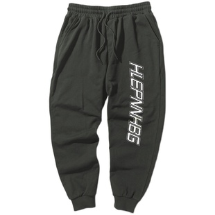 宽松大码运动裤男加肥加大长裤加绒胖人潮流胖子束脚印花休闲裤子