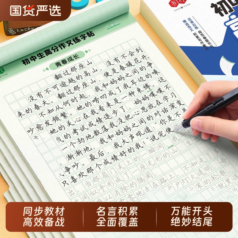 中考满分高分作文字帖7-9年级 初中生人教版同步练字帖好词好句好段练字帖历年真题高分写作七八九作文素材初一二三正楷书钢笔描红