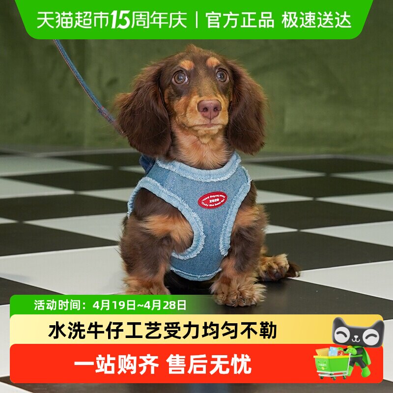zeze丹宁牛仔狗狗胸背牵引绳防挣脱宠物外出狗绳可调节背心式套装