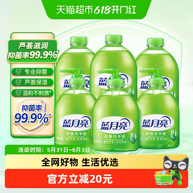 蓝月亮芦荟抑菌洗手液家用滋润瓶装500g*6瓶温和不伤手套装