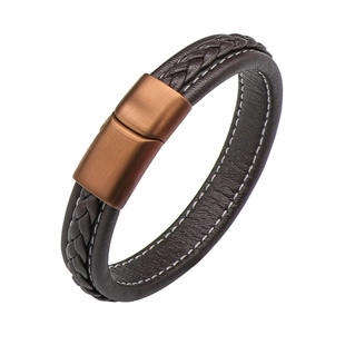欧美复古棕色皮绳手镯简约百搭潮人男女手链手环磨砂哑光钛钢刻字
