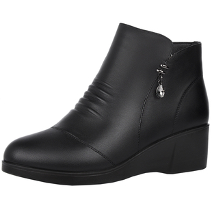 方尚厚底靴子女冬季软皮坡跟短靴纯皮软底妈妈加绒棉鞋靴真皮女鞋