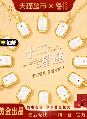中国黄金浮雕盾牌十二星座项链