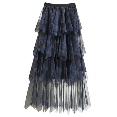 不规则纱裙网纱格子蛋糕裙半身裙