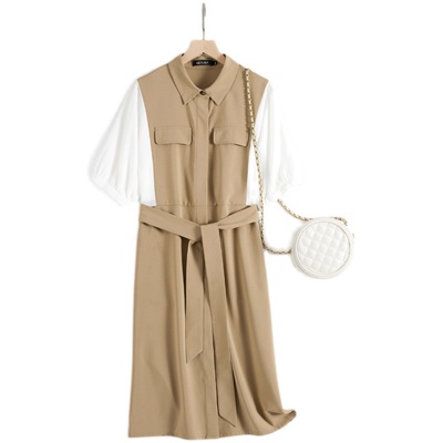 米莱达时尚翻领拼接女系带假两件