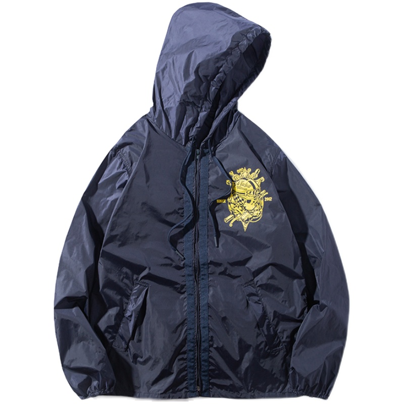 核爆炸宽松大码蓝色运动风衣自收纳皮肤衣连帽长袖户外轻薄外套男