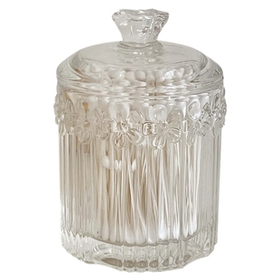 ins复古法式浮雕玻璃储物罐桌面装饰摆件化妆棉签带盖罐子收纳盒