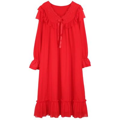 大红色本命中长款全棉新婚睡裙