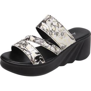 2025夏新款青花瓷牛皮拖鞋女外穿坡跟高跟厚底松糕鞋休闲女鞋皮鞋