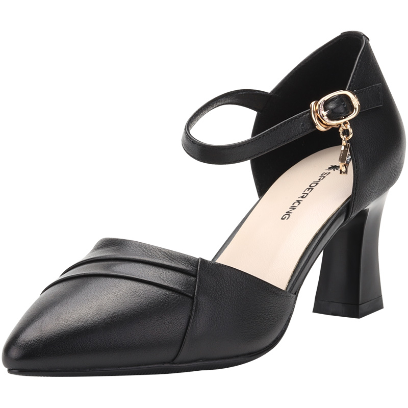 蜘蛛王女鞋包头凉鞋女款春夏新款尖头牛皮配裙子高跟真皮中空单鞋