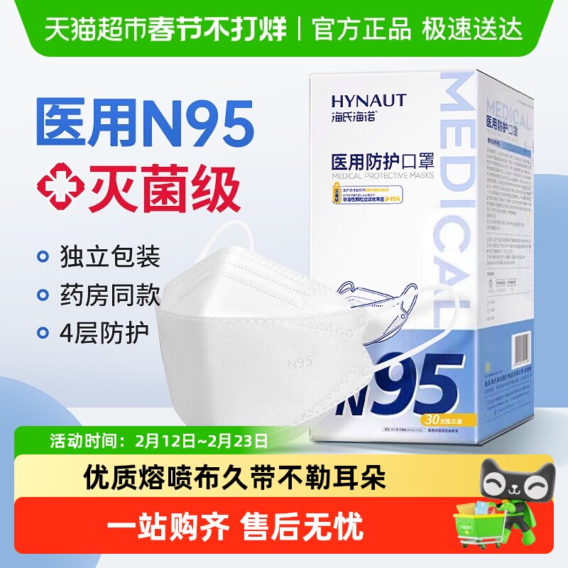 海氏海诺N95医用防护口罩一次性鱼型成人儿童医疗级灭菌四层独立