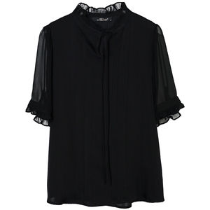 高端短袖小衫女夏洋气新款黑色衬衣
