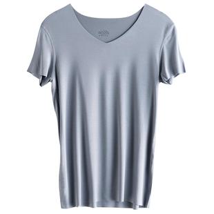 莫代尔t恤男士夏季潮纯色短袖v领简约无痕上衣白色宽松型汗衫体恤