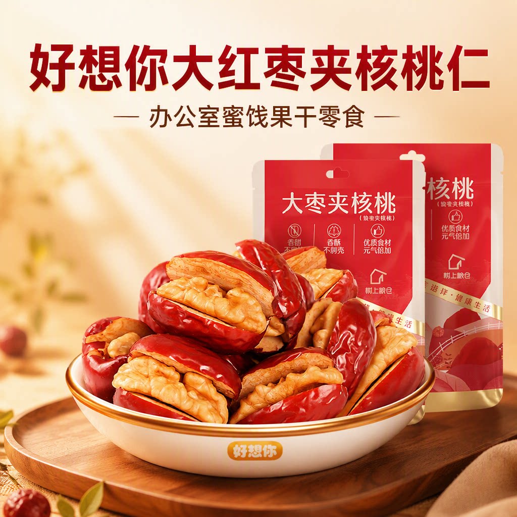 好想你大红枣夹核桃仁218g*3袋枣夹核桃办公室蜜饯果干零食小吃