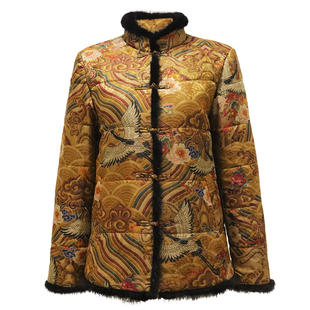 中老年品牌女装冬装新款国风真丝莨绸香云纱保暖棉衣水貂毛领棉服