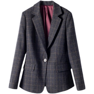 格纹收腰羊含毛西装外套女西服上衣