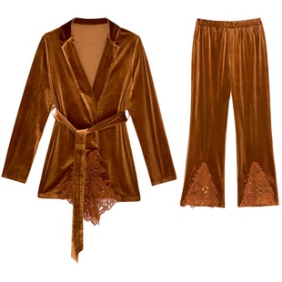 NoirTease【美拉德风】春秋薄款女丝绒蕾丝家居服睡衣两件套装