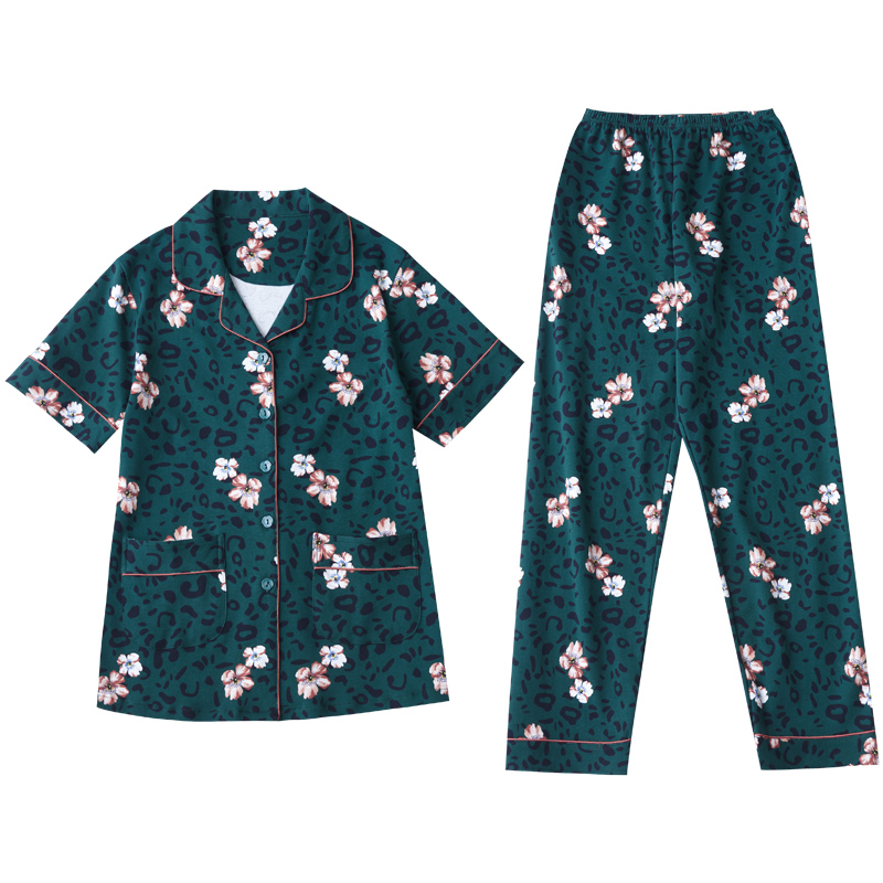 圆人睡衣女夏纯棉短袖长裤春秋薄款碎花中老年开衫大码家居服套装