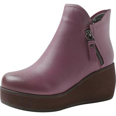 秋冬新款牛皮坡跟圆头休闲马丁靴