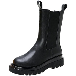 厚底皮靴切尔西短靴女马丁靴英伦风百搭中筒烟筒靴mona同款靴子女