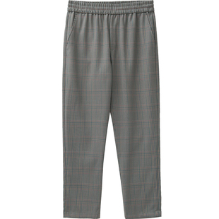 KUYIOU早/威尔士亲王格 精纺羊毛松紧腰直筒宽松休闲西装长裤男