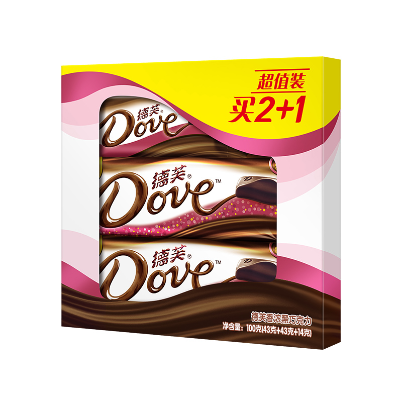 Dove/德芙香浓黑巧克力组合装43gx2块+黑巧克力14g休闲100g×1盒