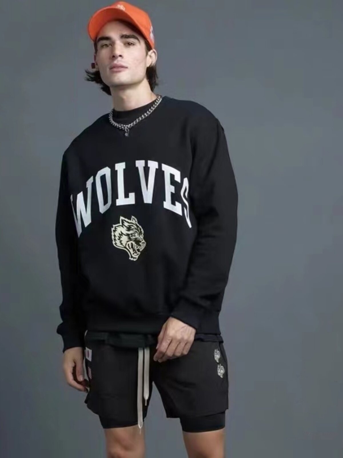 WOLF HEAD SWEATSHIRT BIG WAVE BROTHER AUTUMN AND WINTER FITNESS BODYBUILDING SPORTS ROUND NECK HEAVY LONG-SLEEVED JACKET [EUROPEAN AND AMERICAN SIZE]