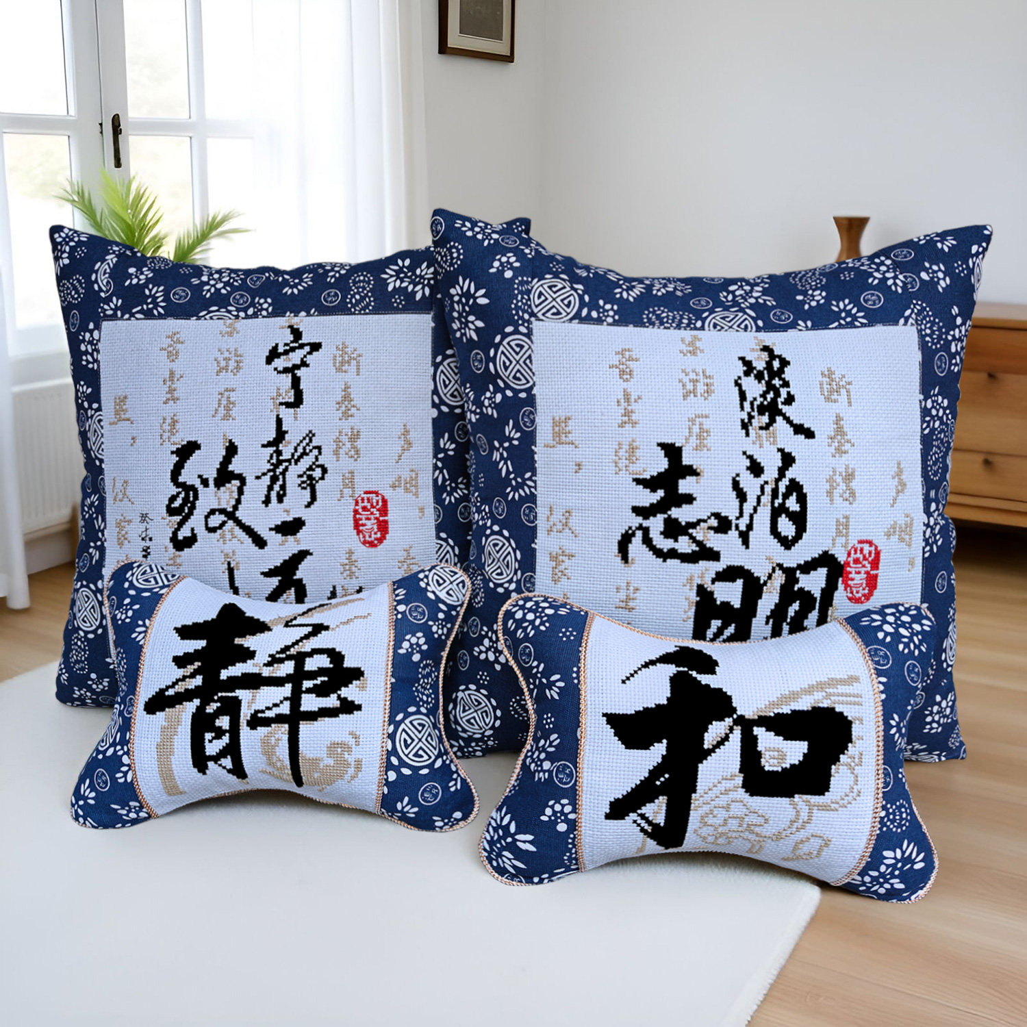 纯棉十字绣抱枕简单线绣中国风沙发靠垫一对汽车用头枕套印花新款