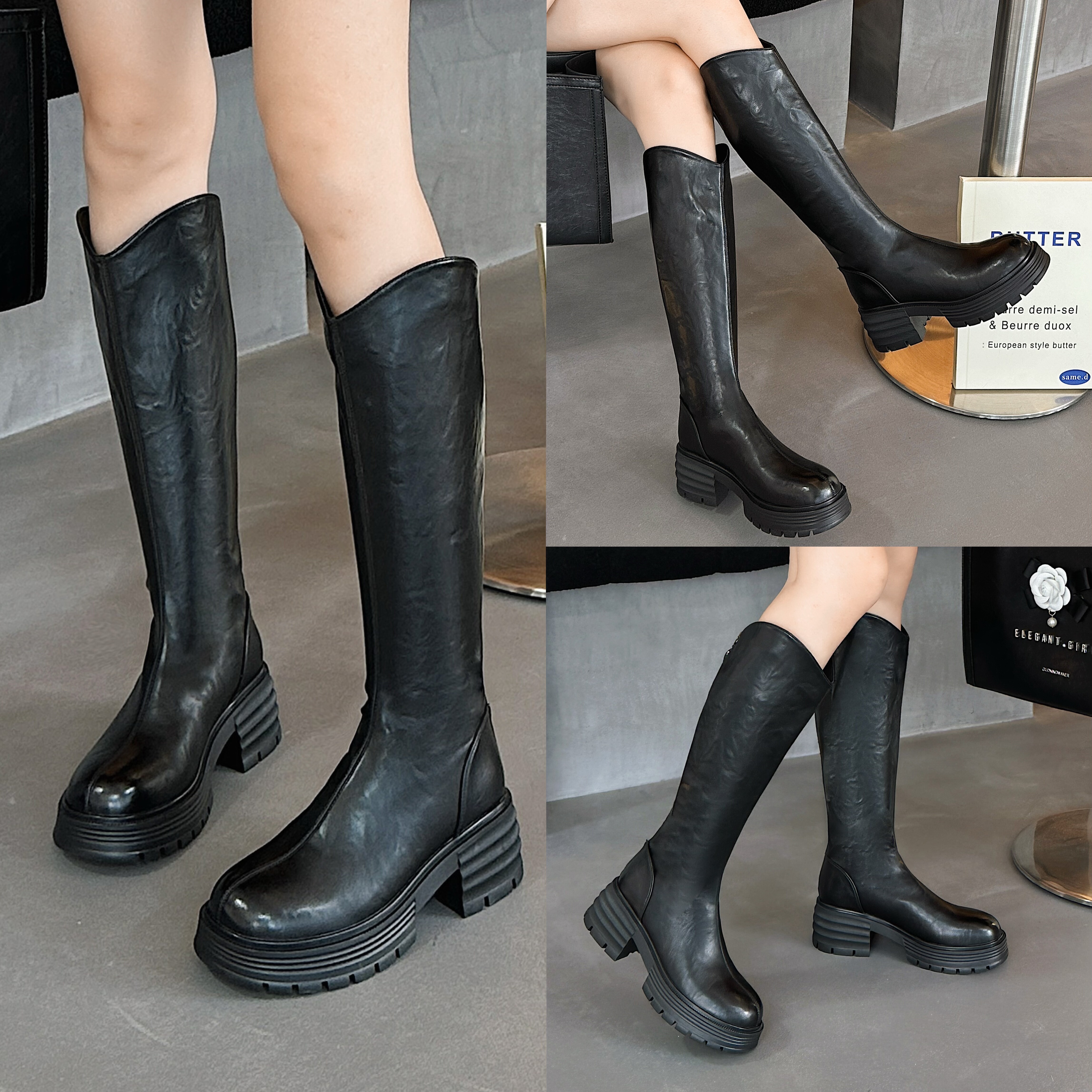 米兰2025秋冬加绒高筒靴英伦风骑士靴时装长靴高跟粗跟显瘦女靴子