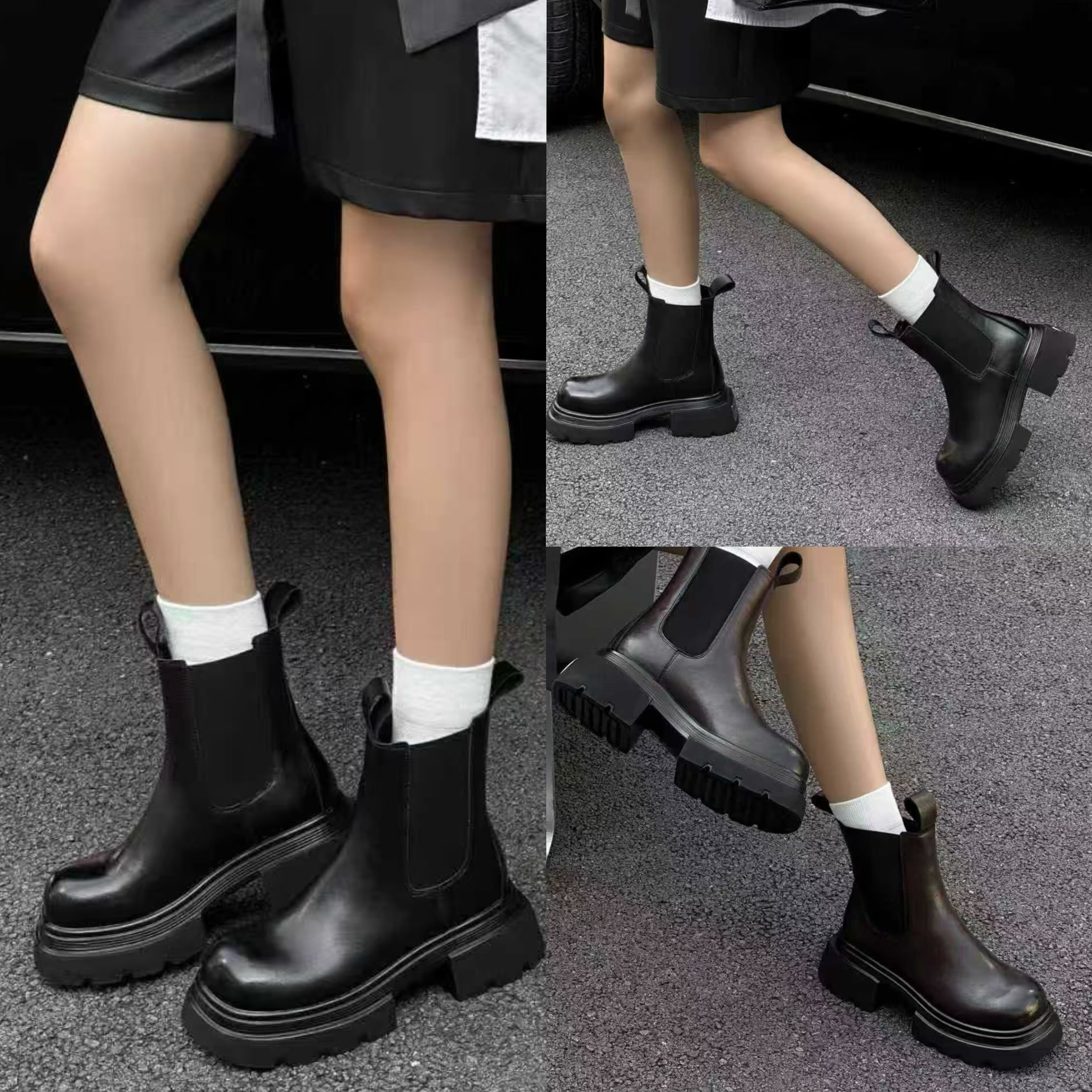 DUONI2025冬真皮加绒烟筒靴粗跟马丁靴英伦休闲短靴切尔西女靴子