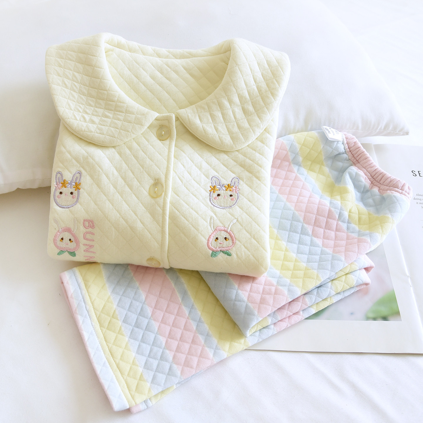 2025新款原创奶黄兔儿童秋冬纯棉空气棉睡衣套女童三层保暖家居服,童装/婴儿装/亲子装,家居服套装,淘宝优惠券,粉丝福利购,淘宝优惠卷