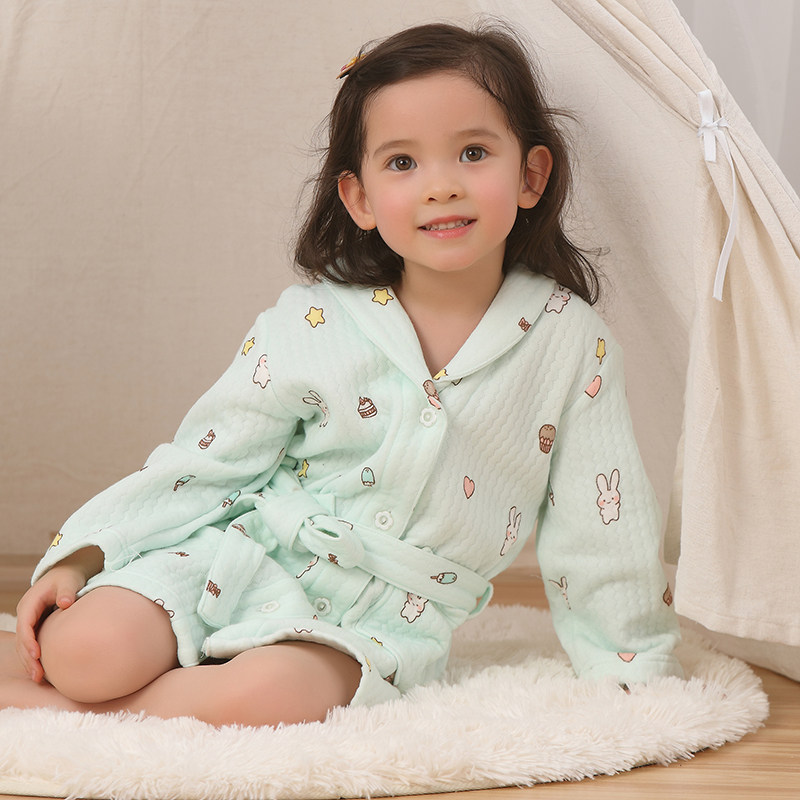 女童春秋纯棉空气层睡袍可爱加厚全棉三层夹棉系扣家居袍保暖浴袍
