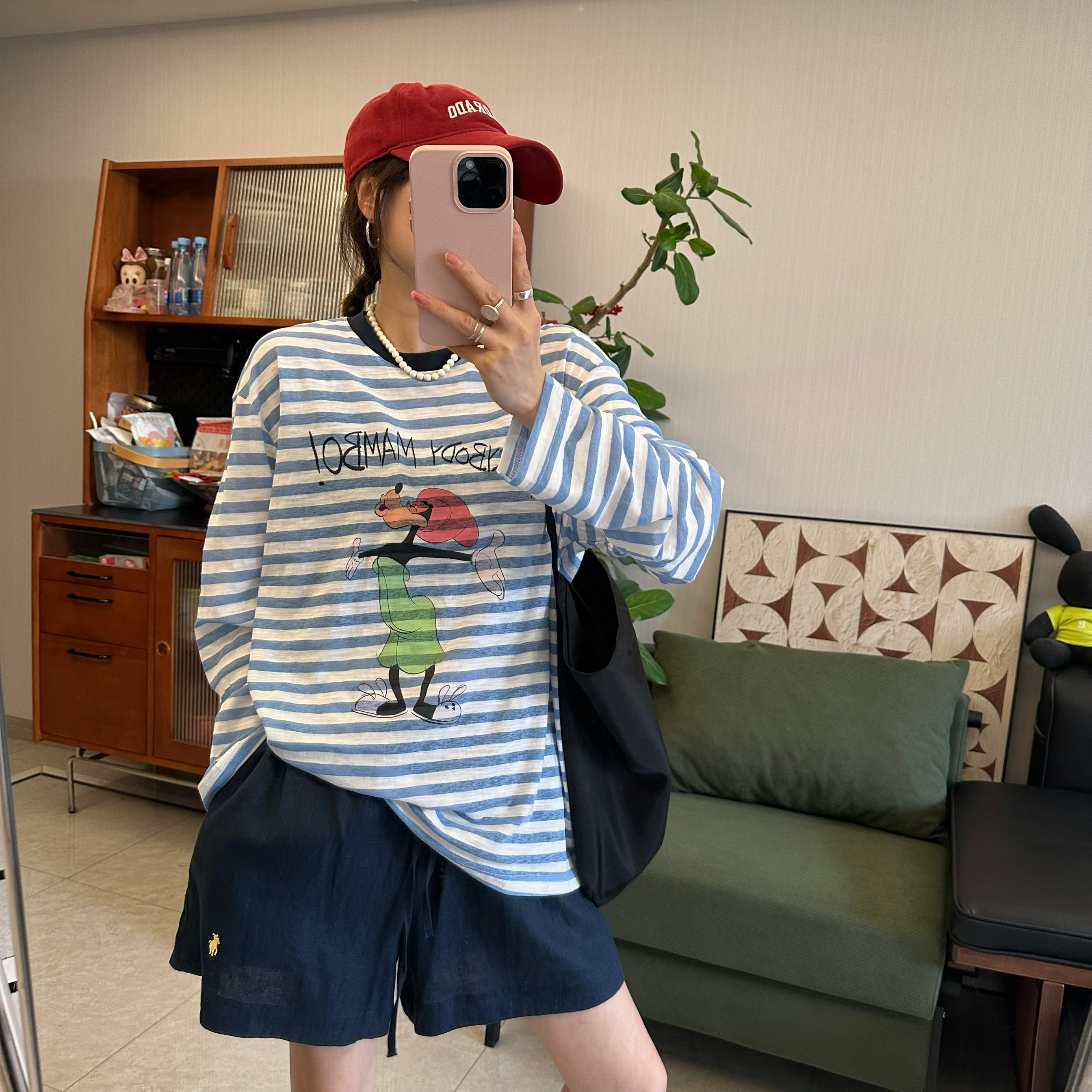25Ann studio2025韩版宽松休闲百搭卡通字母印花圆领长袖条纹T恤