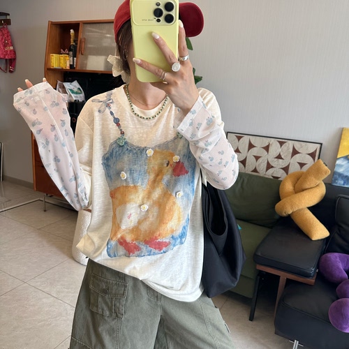 25Ann studio韩版时尚休闲百搭宽松大黄鸭卡通印花假两件长袖T恤