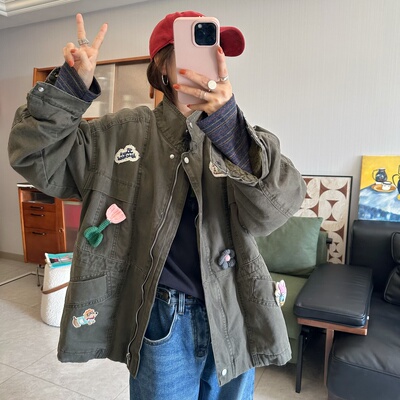 qiqi/琦琦推荐 韩版宽松设计感小众加绒保暖工装立领外套时尚