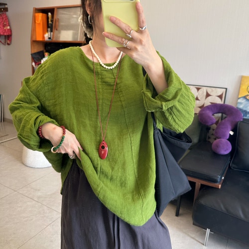 25Ann studio韩版时尚休闲百搭宽松显瘦圆领长袖高级亚麻衬衫女