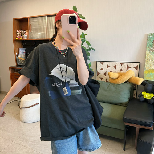 25Ann studio2025韩版宽松休闲百搭圆领短袖帽子图案印花图案T恤