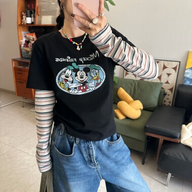25Ann studio2025韩版时尚休闲米奇卡通印花假两件长袖T恤减龄