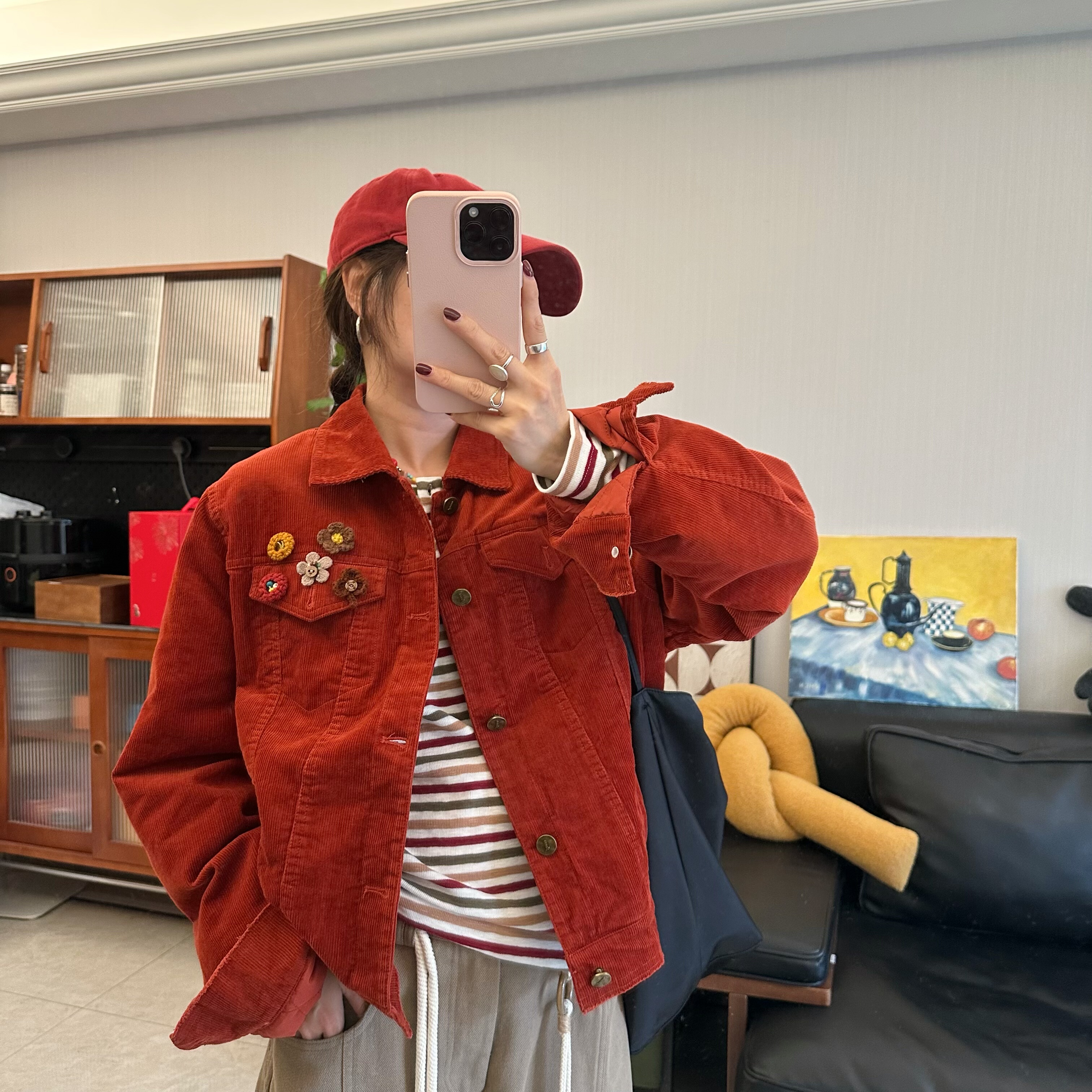 25Ann studio2025韩版时尚休闲百搭翻领花朵灯芯绒外套宽松显瘦