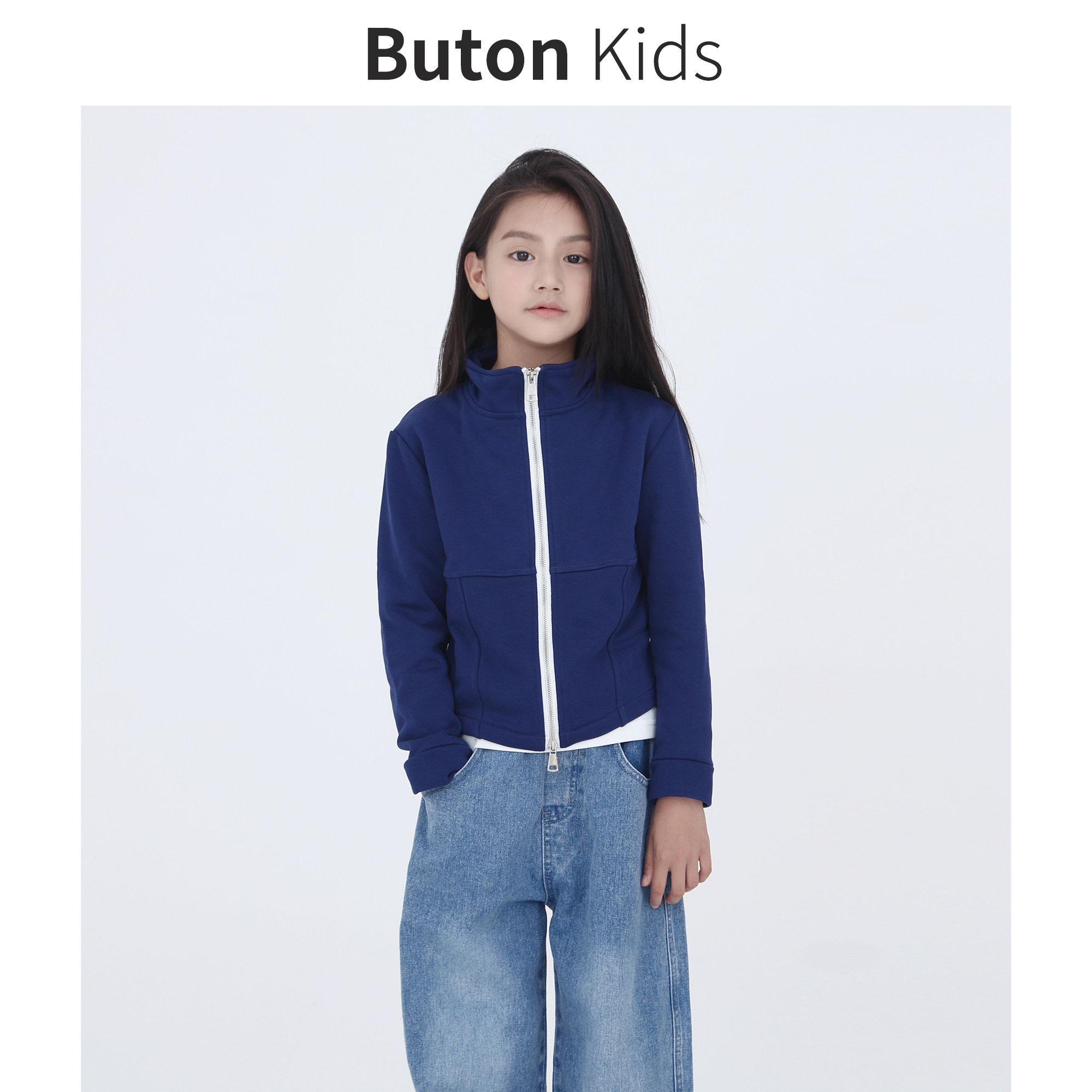 Buton Kids 女童藏蓝色双头拉链卫衣 春款男童休闲外套亲子装