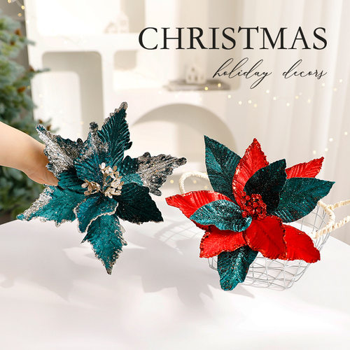 Christmas圣诞高档圣诞花绒布手工仿真花圣诞节圣诞树装饰品挂件