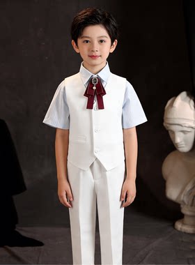 男童礼服套装帅气短袖白色花童礼服男孩主持人钢琴演出团体表演服