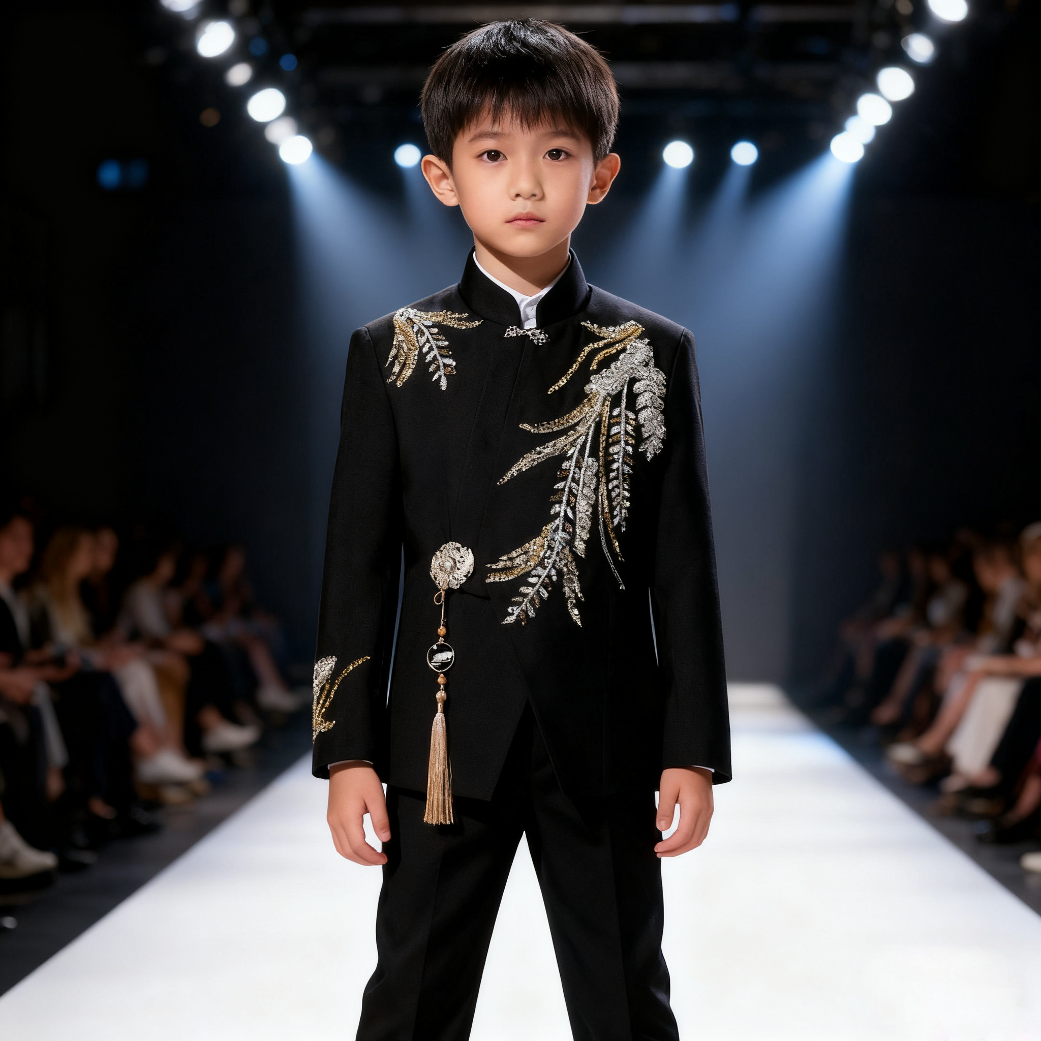 男童中式西装高端走秀朗诵主持人礼服中国风大童男孩演出服中山装